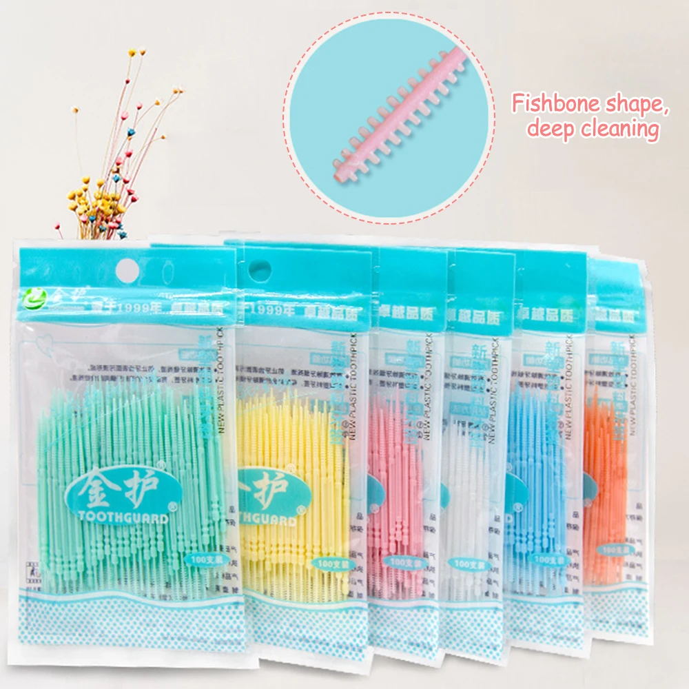 

100pcs Double-headed Dental Brush Teeth Sticks Floss Pick Toothpick Tooth Clean Oral Care Interdental brush Food grade PP