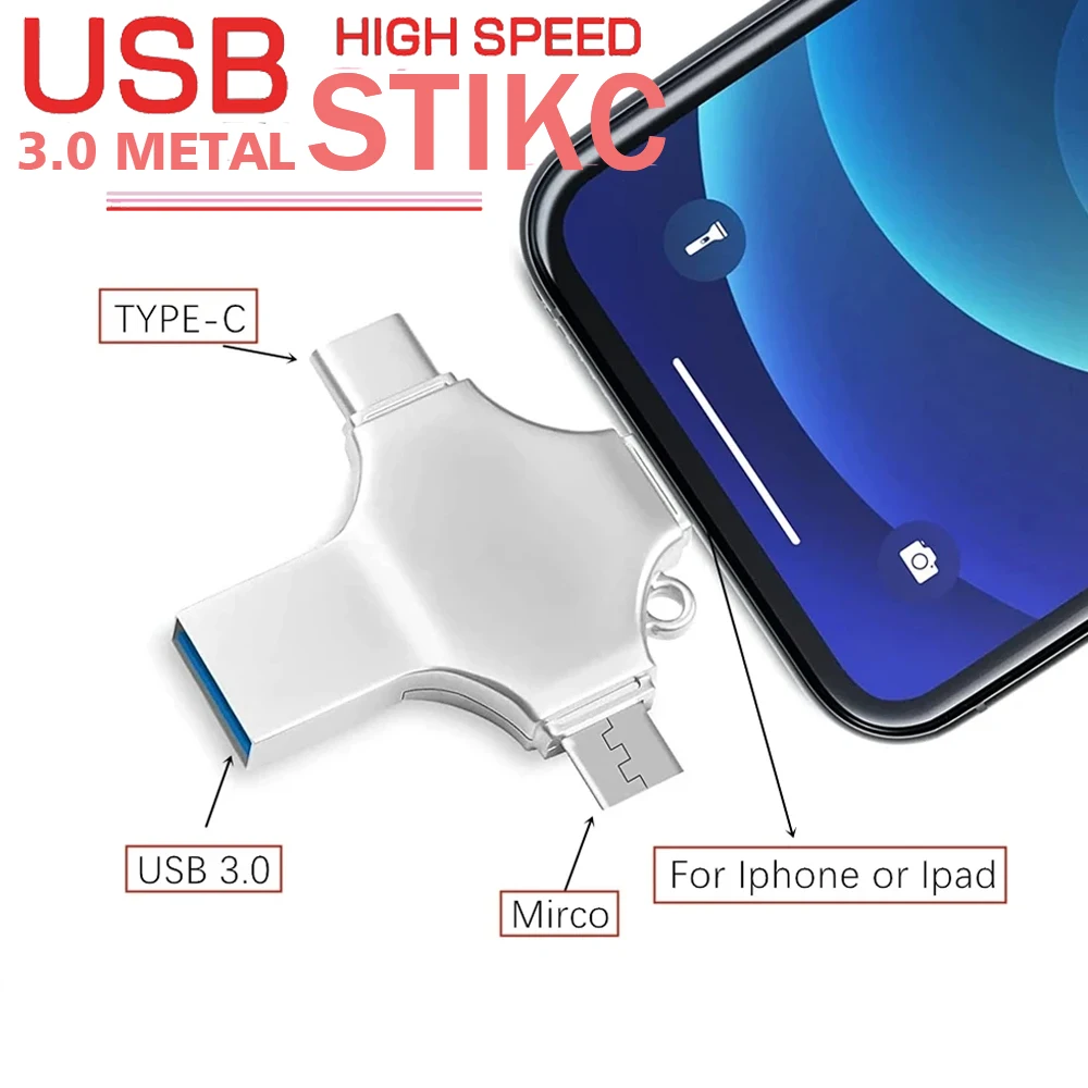 For IPhone High Speed USB 3.0 Flash Drive 256GB 128GB  Photo Stick 4in1 Thumb Memory Stick Pendrive For IPhone Android TYPE-C