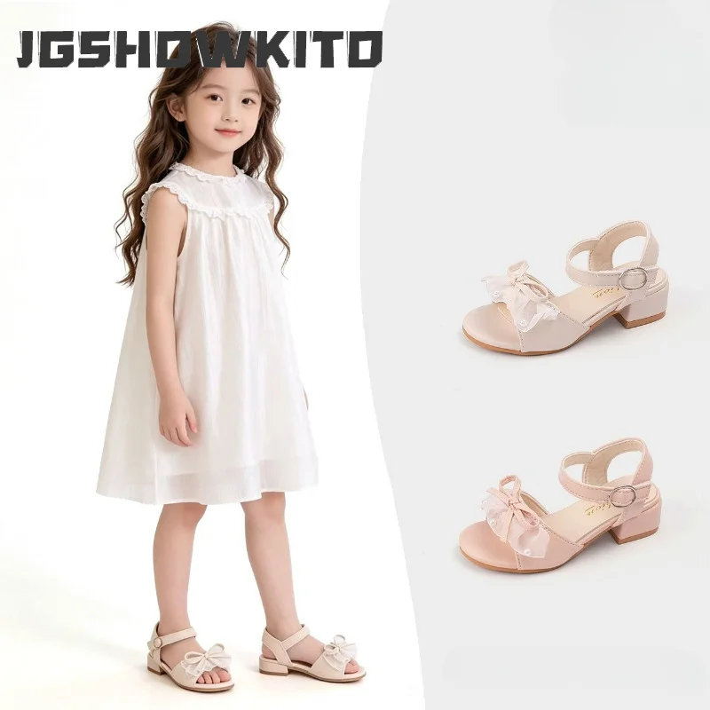 

JGSHOWKITO Elegant Children Summer Sandals Lace Ruffled Edge Girls Princess Dress Shoes Wedding Party Kids Bow Low Heel Sandals