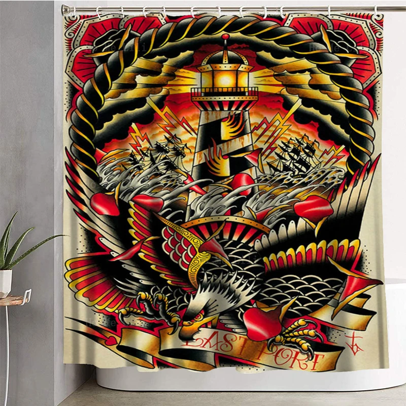 Broadway Neo Old School Tattoo Pop Art Lighthouse And Eagle American Traditional Style Shower Curtain By Ho Me Lili With Hook