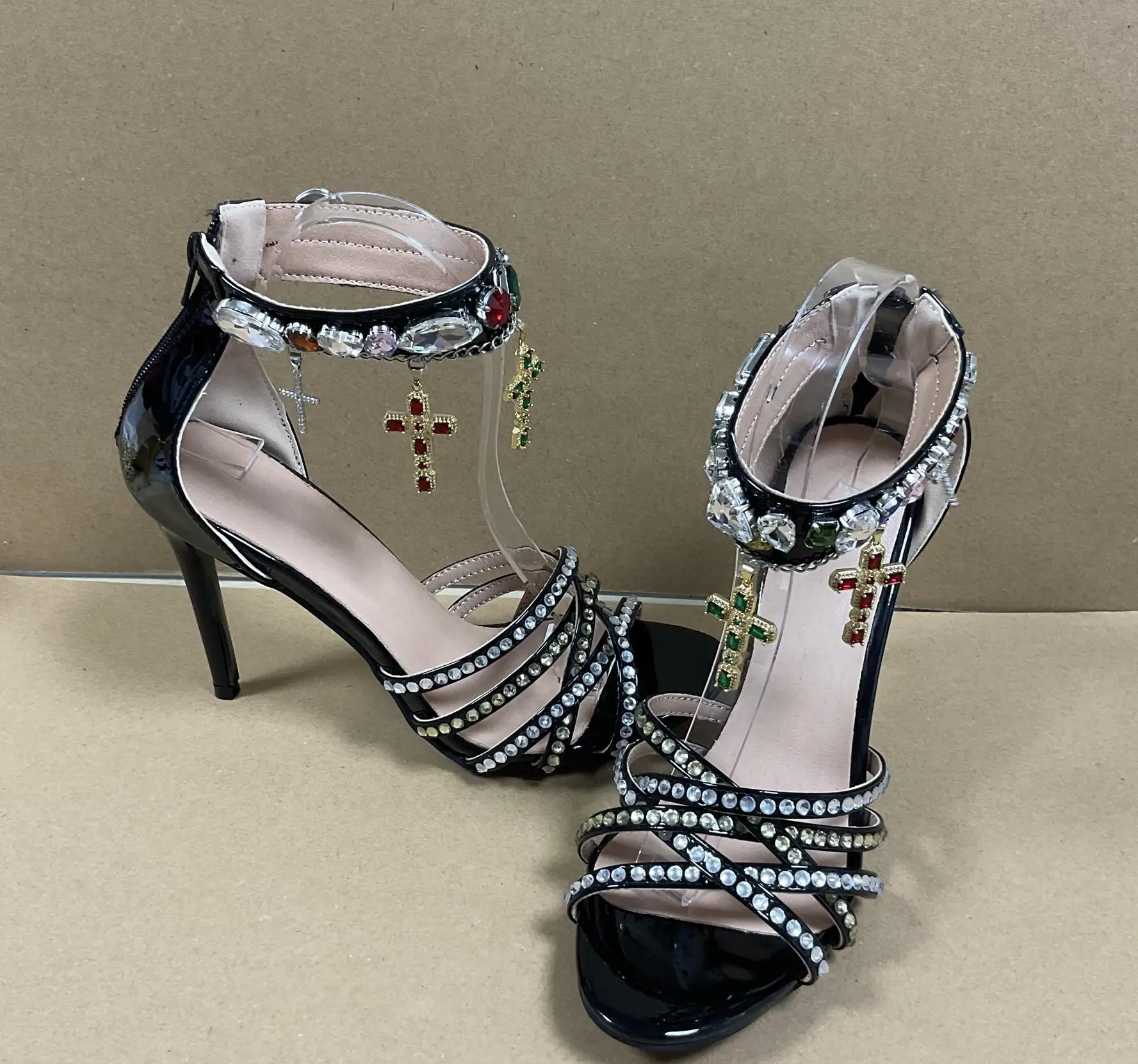 Mixed Color Rhinestone Embellished Stiletto High Heels Women Gladiator Sandals Ladies Peep Toe Back Zipper Dress Party Shoes New