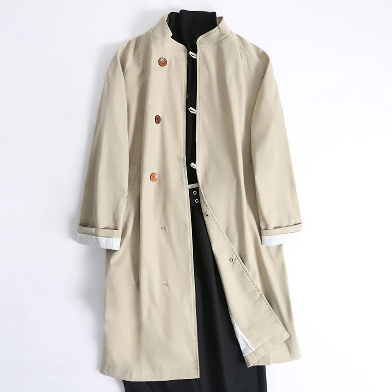 

SuperAen Japan-style Women's Spring and Autumn New Loose Stand-up Collar Mid-length Khaki Trench Long-sleeved Office Lady Coats
