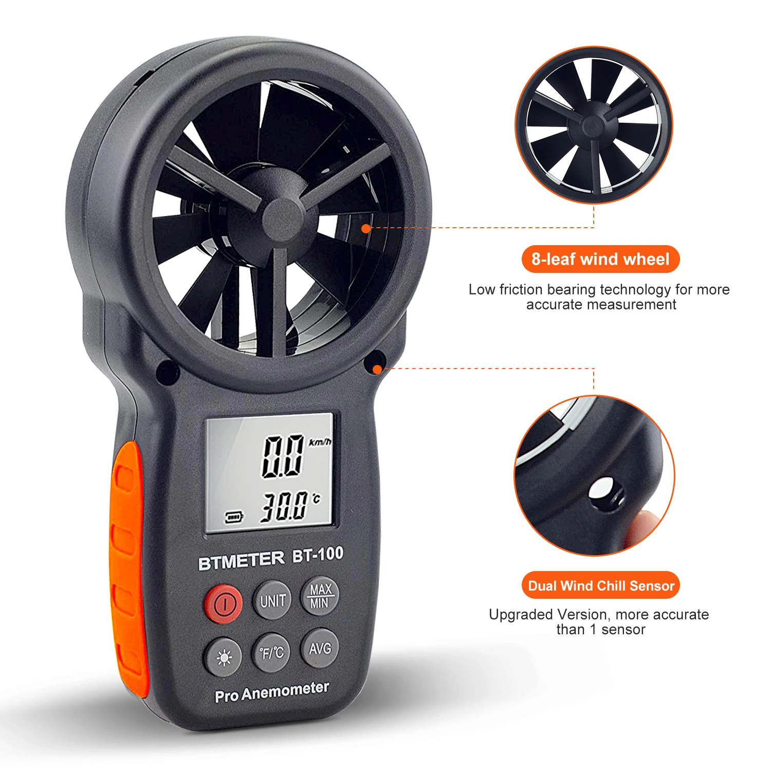 

BT-100,Handheld Anemometer Digital Wind Speed Meter for HVAC Drone, Shooting,Wind Chill, Air Flow Tester with Tempe 14℉-113℉