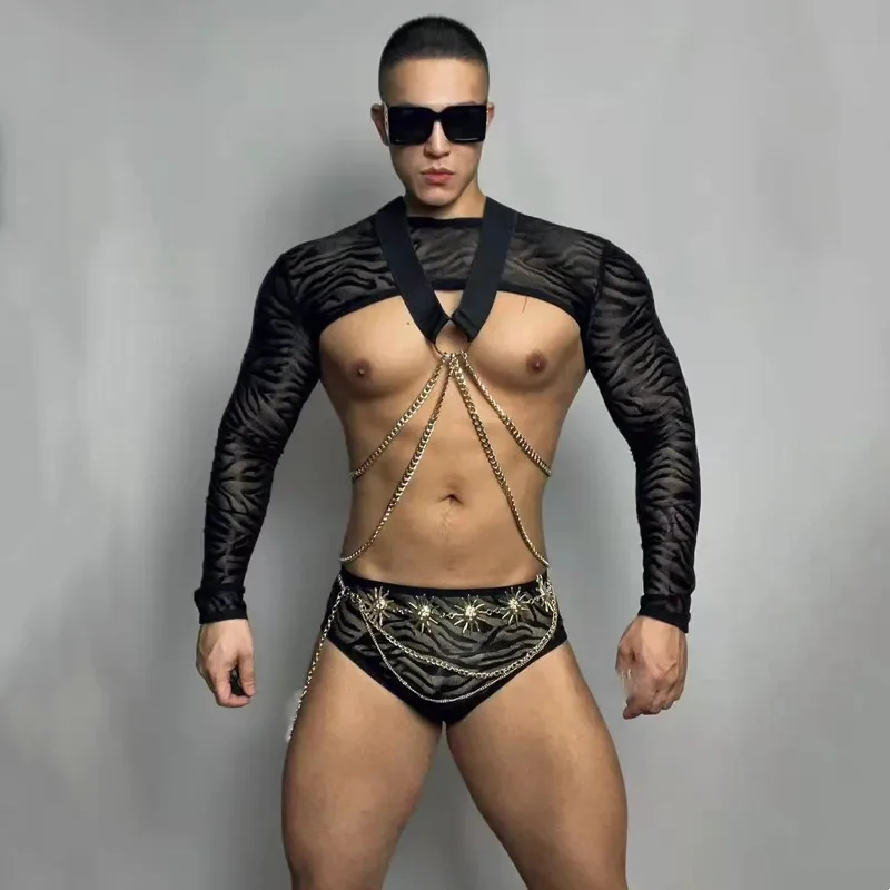 新しいナイトクラブパーティーバーDJポールダンスコスチュームセクシー男性ダンサーゴーゴーステージウェアメタルチェストチェーンビキニショーレイブ衣装セット
