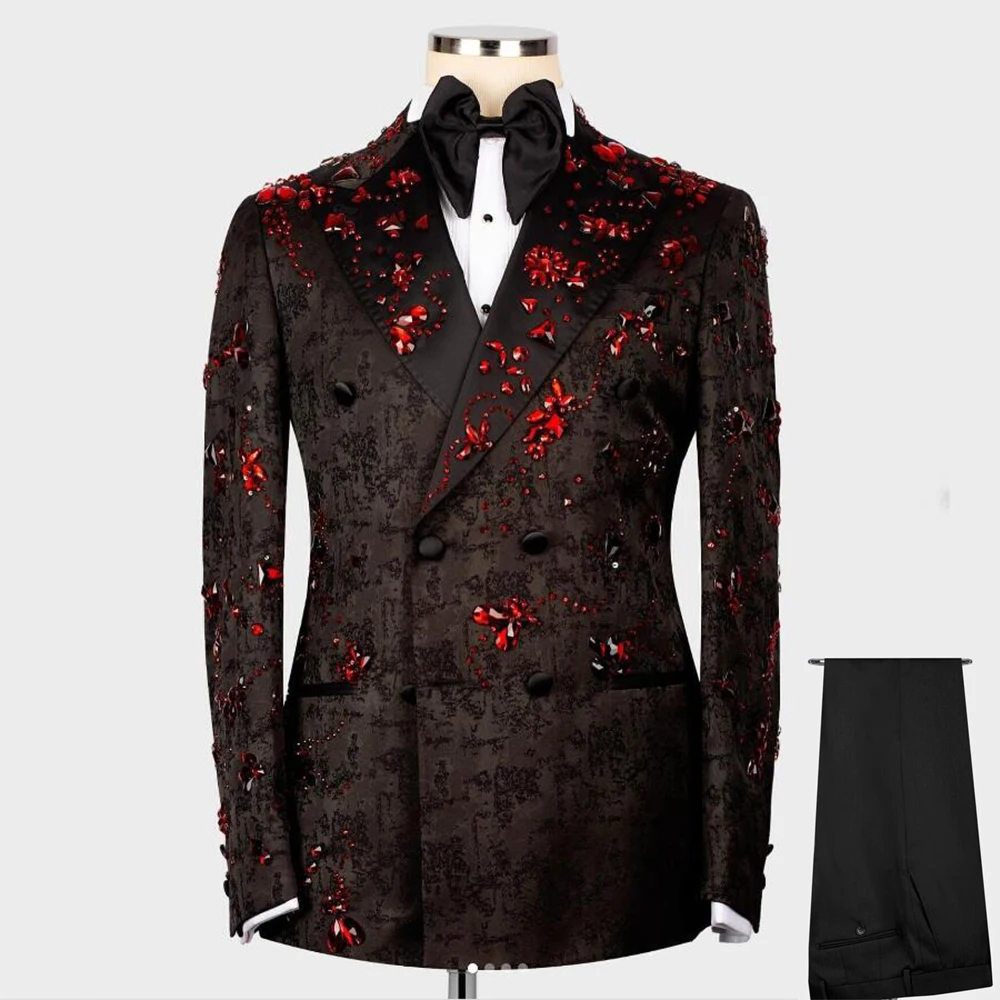 

Luxury Beaded Suits Men Royal Male Fashion Floral Jacquard Jacket Pants 2 Pieces Groom Wedding Tuxedos Custom Made Dinner Blazer