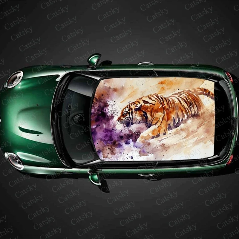 

Watercolor Animal Tiger Car Roof Sticker Wrap Racing SUV Accessories Packaging Painted PVC Custom Car Graphic Decal