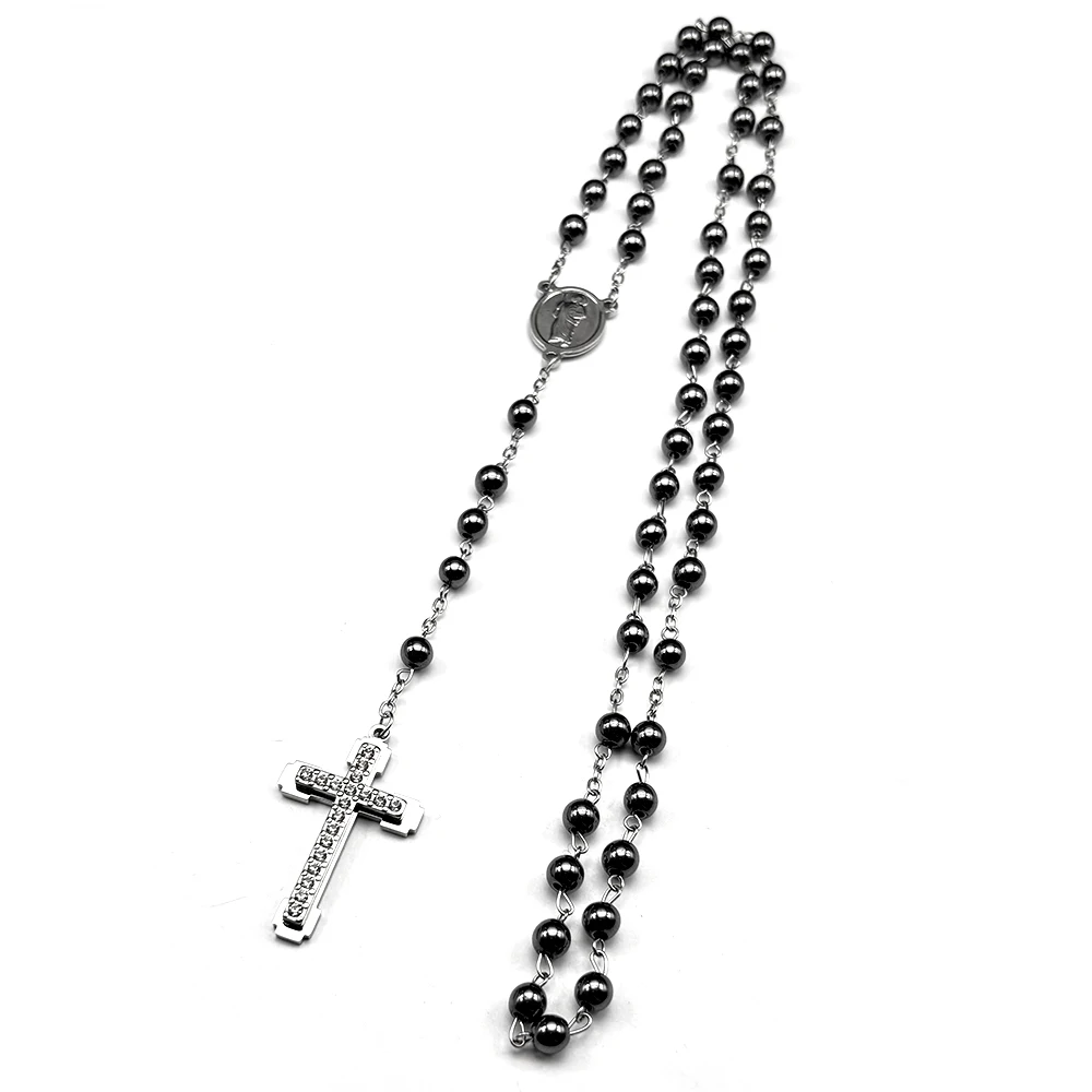 Christliches Kreuz Strass Anhänger Halskette für Frauen Männer Silber Farbe Edelstahl Katholische Gebetskette Kette Schmuck