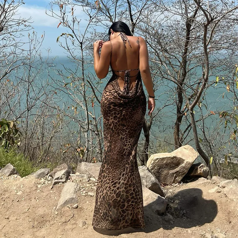 سبايس جيرل فستان ليوبارد طباعة فستان الرسن الخامس الرقبة حزام فستان صيفي المرأة الحمالة تنورة الورك تنورة #4