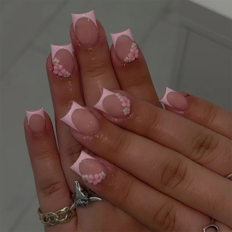 

24pcs Simple French Floral Fake Nails Sweet Pink Press on Nail Short Square Press on Nail for Women&Girl Removable Wearable Nail