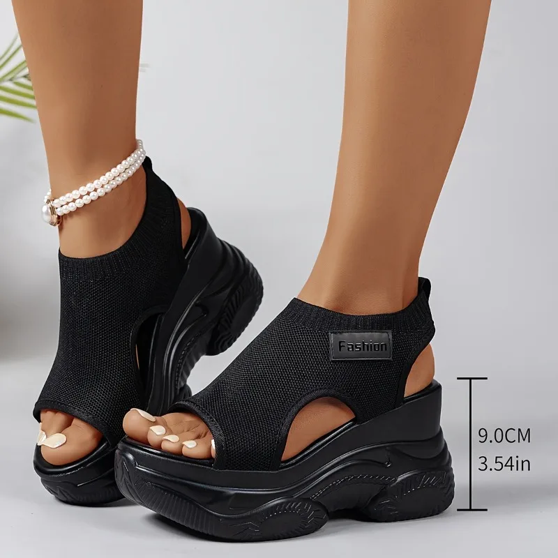 Women Fashion Platform Wedge Sandals Peep Toe Knit Mesh Breathable Lightweight Comfortable Sporty Walking Casual Outdoor Slides image 6