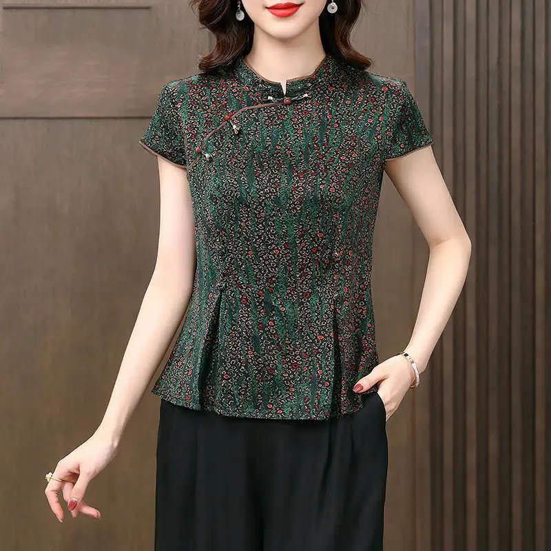 

Cheongsam Women's Plus Size Tops 2023 Summer Cotton Blend Splicing Stand Collar Short Sleeve Chinese Style Qipao Shirts Woman