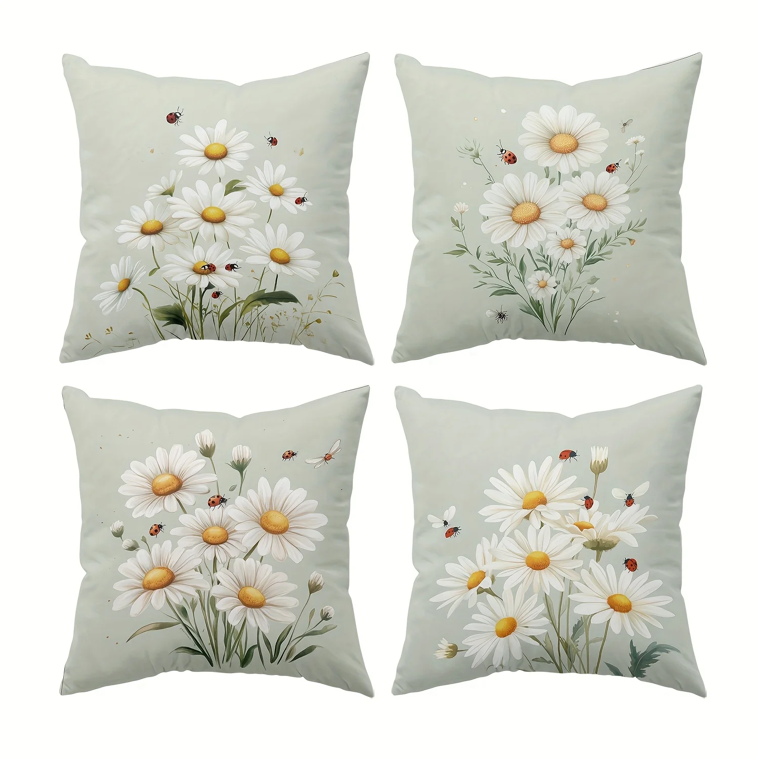 

Набор из 4 чехлов для подушек 45x45 см с принтом ботанических ромашек, божьих коровок и насекомых на мягком шалфейно-зеленом фоне для декора гостиной