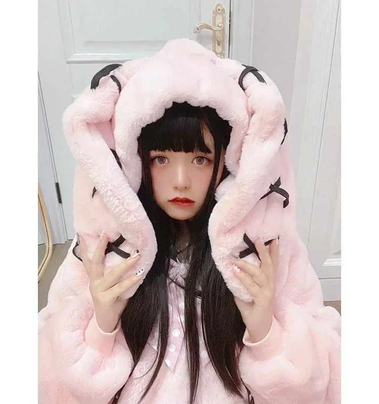 Japanese Girl Sweet Cute Plush Furry Jacket Women Autumn Winter Loose Mid-length Rabbit Ear Quilted Faux Fur Coats Zip Top Mujer