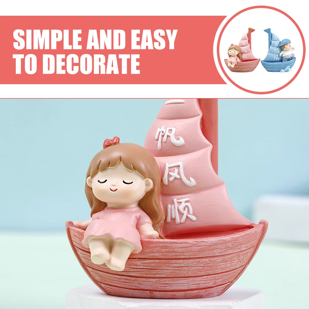

2 Pcs Sailing Decoration Mini Figures for Miniature Cake Toppers Sailboat Resin Cartoon Figurine Bridegroom Decors
