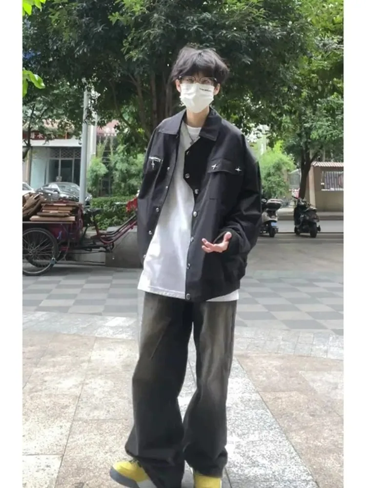 

Tall Men's Blue Straight Leg Jeans Waed Denim Wide Leg Workwear Pants High Waist Zipper Fly Youthful Trendy Winter Wear
