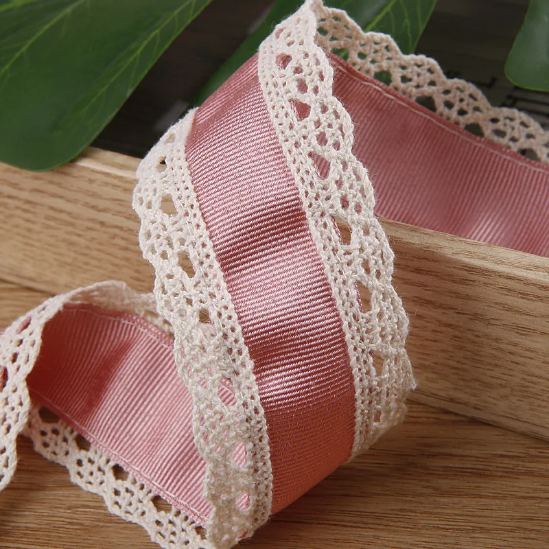 40MM Satin Grogsrian Ribbon With Lace Beige Sided Handmade DIY Bow Hair Accessories Lolita Clothing Shoes Hats Accessories Trim