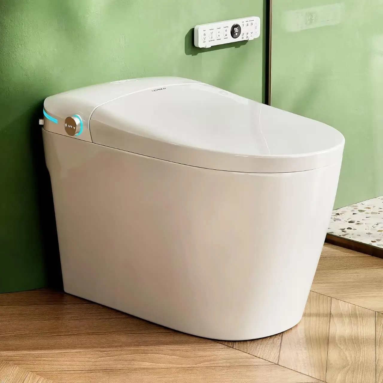 

Умный унитаз со встроенным биде, моноблок с автоматическим открыванием и закрыванием крышки, двойным смывом, подогревом сиденья, пультом ДУ, настраиваемый