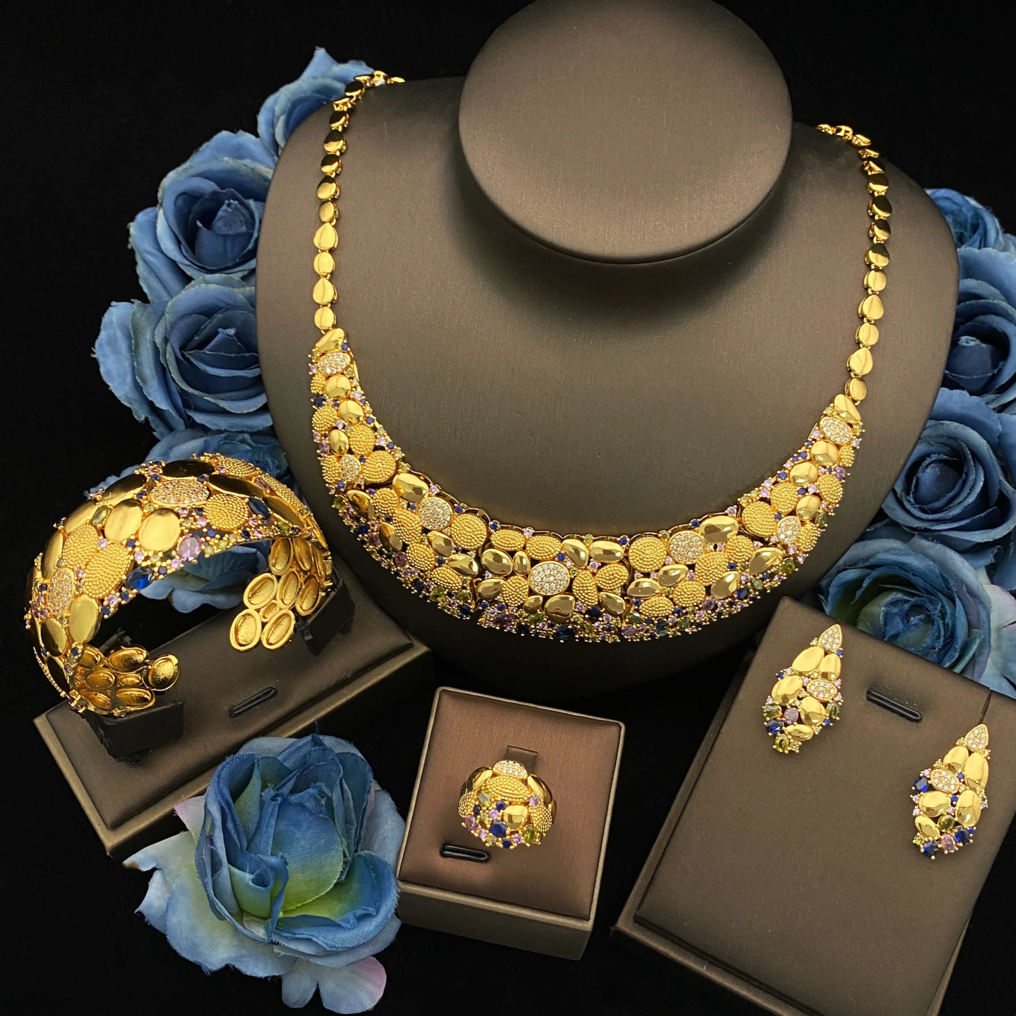 

JRH Gold Plated Brass Jewelry Set Zircon 4 Pieces Set Includes Necklace Bracelet Earrings Ring Elegant Gift for Women