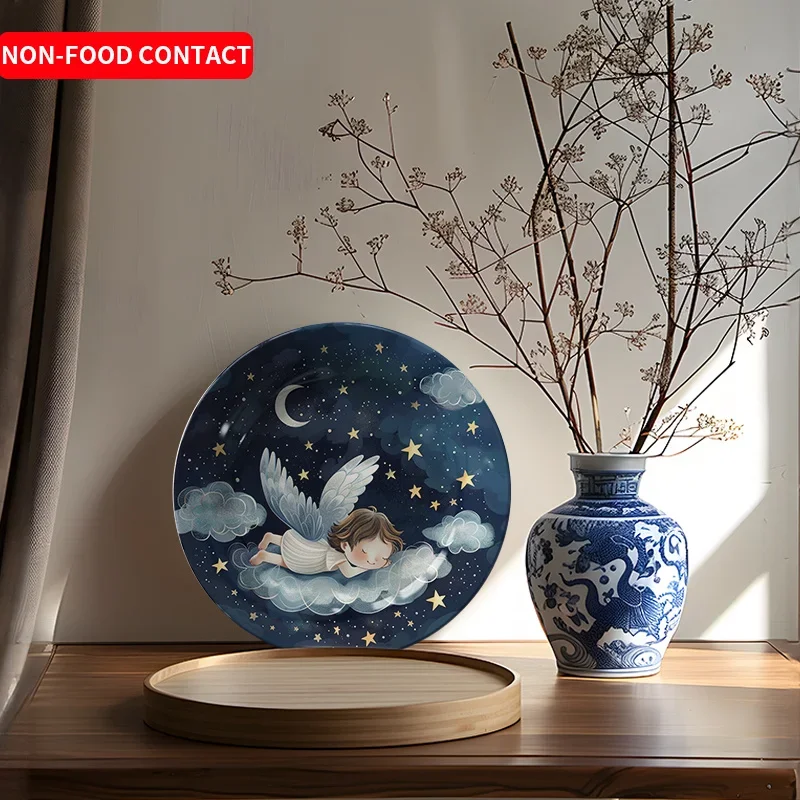 1 Angel Flying Ceramic Decorative Plate | Hand-Painted Starry Sky with Deep Blue and Golden Night Sky - Non- Contact Safe Round