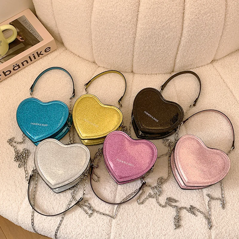 Cute Heart Shaped Crossbody Bag Girls Mini Coin Purses Pink Small Handbags Children Fashion Simple Chain Zipper Shoulder Bags