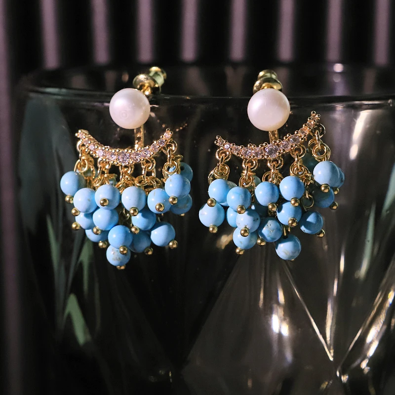 Two-Way Wear Blue Turquoise Natural Pearl Earrings Handmade Design High-Quality Earrings Gift for Wife Girlfriend GE1527B