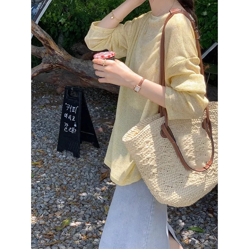 Thin Long Sleeve Sun Protective Blouse Knitted White T-shirt Women's Summer Loose Chic Niche Casual Slimming Top