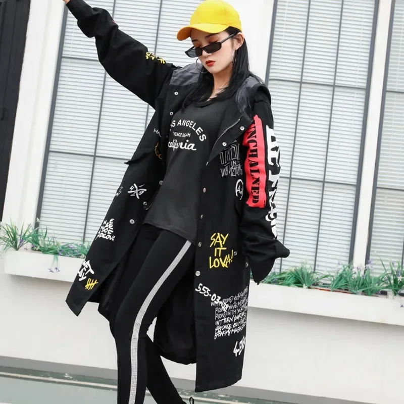 TPJB Graffiti Trench Coat Girl New Military Outwear Woman Cartoon Print Female Winderbreaker Black Overcoat For Women Clothing