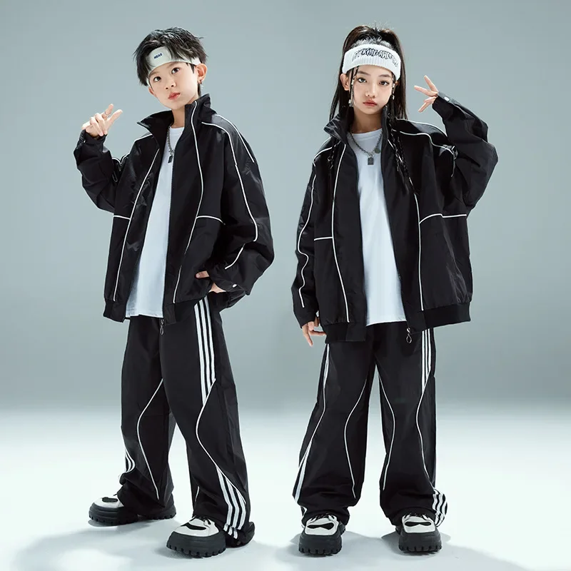 Jungen Hip Hop Schwarz Baseball Mantel Street Dance Baggy Hosen Mädchen Lose Jacke Kinder Jazz Sport Kleidung Sets Kinder Streetwear