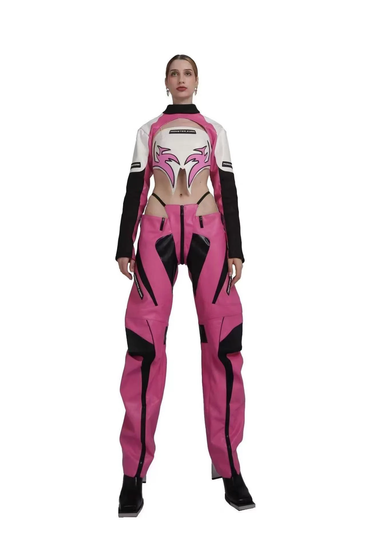 

New Hot Selling GOGO Original Design Nightclub Bar Fashion Performance Dress Pink Motorcycle Style Party Leading Dance Dress