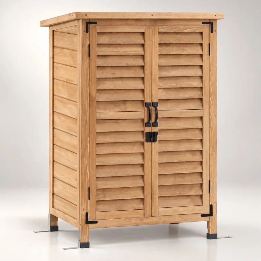Small Outdoor Storage Cabinet for patio use, made of wood with shelf, yellow color, weather-resistant finish