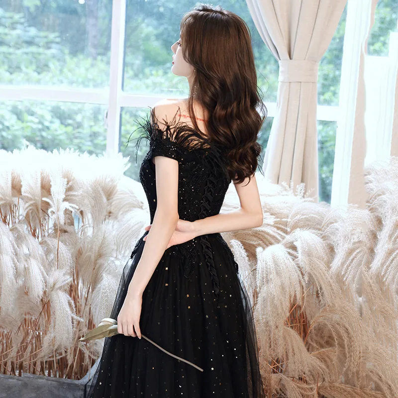 Black Feather One Shoulder Evening Dresses Women Solid Color Applique Sequin A-line Homecoming Dresses Elegant Formal Gown