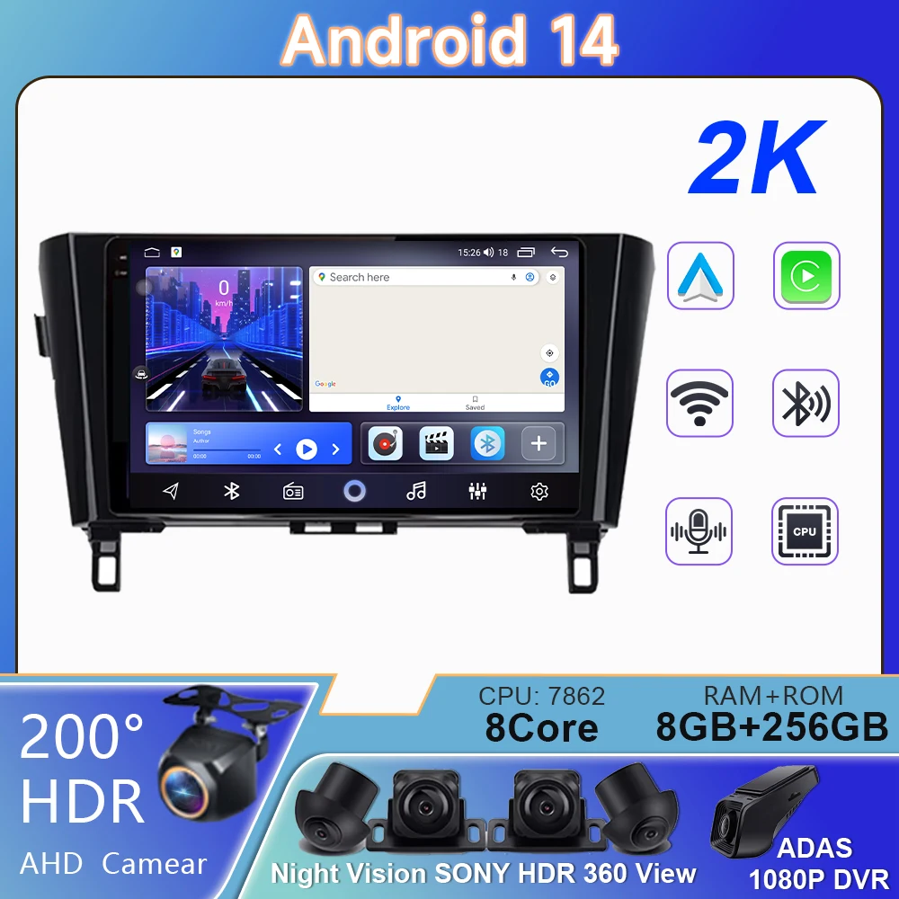 Android 14 Voor Nissan X-Trail Qashqai 2 J1T32 Qashqai J10 J11 2014 2015 2016 2017 2018 2019 GPS CARPLAY WIFI Autoradio Dual lens