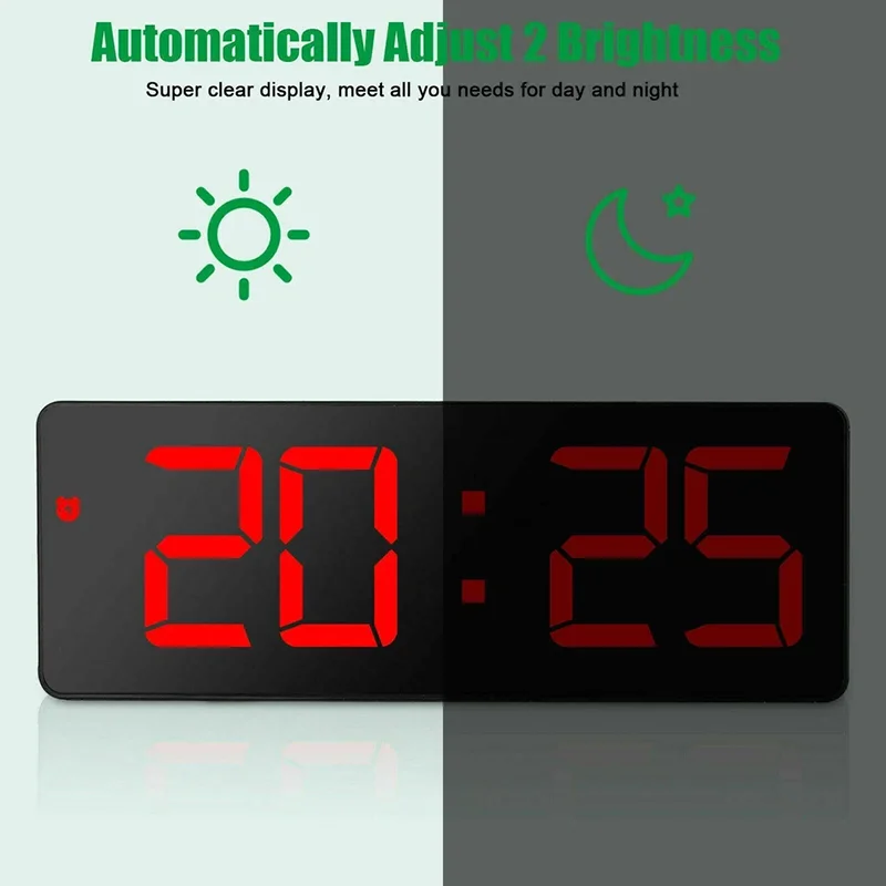 Digital LED Desk Alarm Clock Mirror Display Snooze Temperature Date Week Silent Adjustable Brightness For Bedroom Office Home