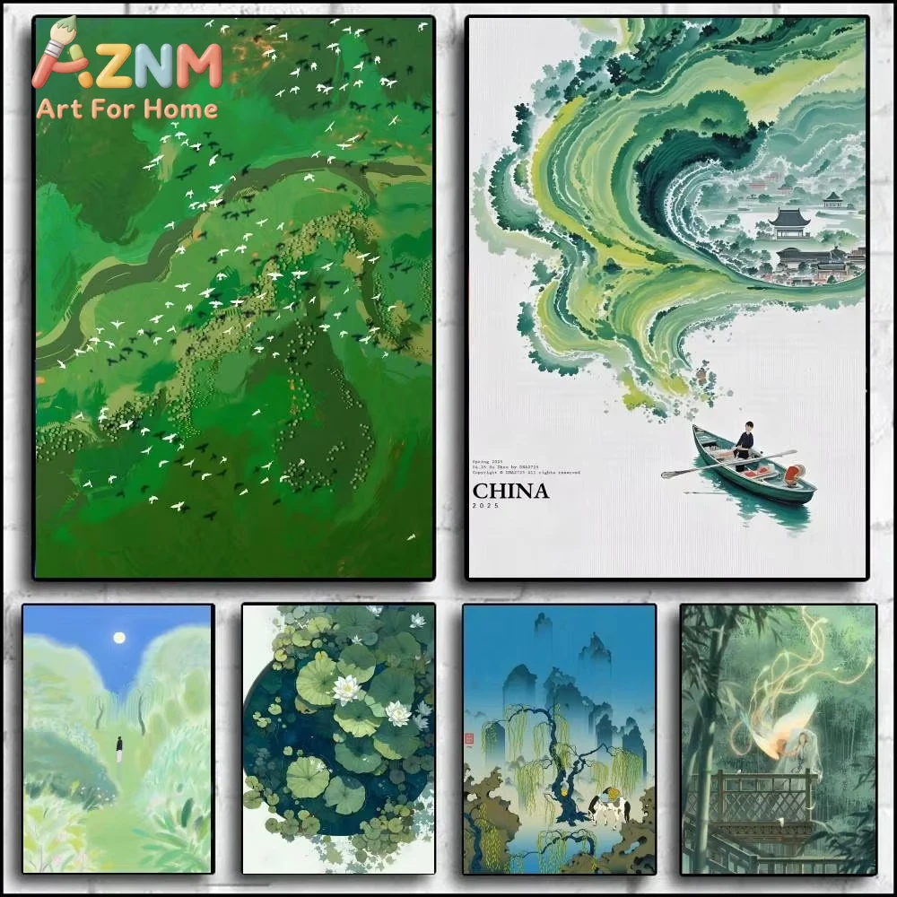 

1 шт., зеленый постер Jiang Nan, самоклеящаяся художественная водонепроницаемая бумажная наклейка, декор для стен кофейни, бара, комнаты