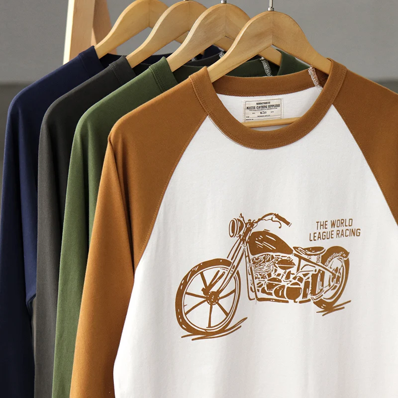 Autumn American Retro 250G Long Sleeve O-neck Motorcycle Printed T-shirt Men's Simple 100% Cotton Washed Loose Youth Casual Tops