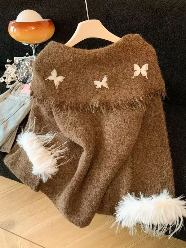 

Свитер женский свободного кроя на одно плечо, вязаный, осенне-зимний, с меховыми манжетами, удобный, мягкий, из полиэстера, длинный...