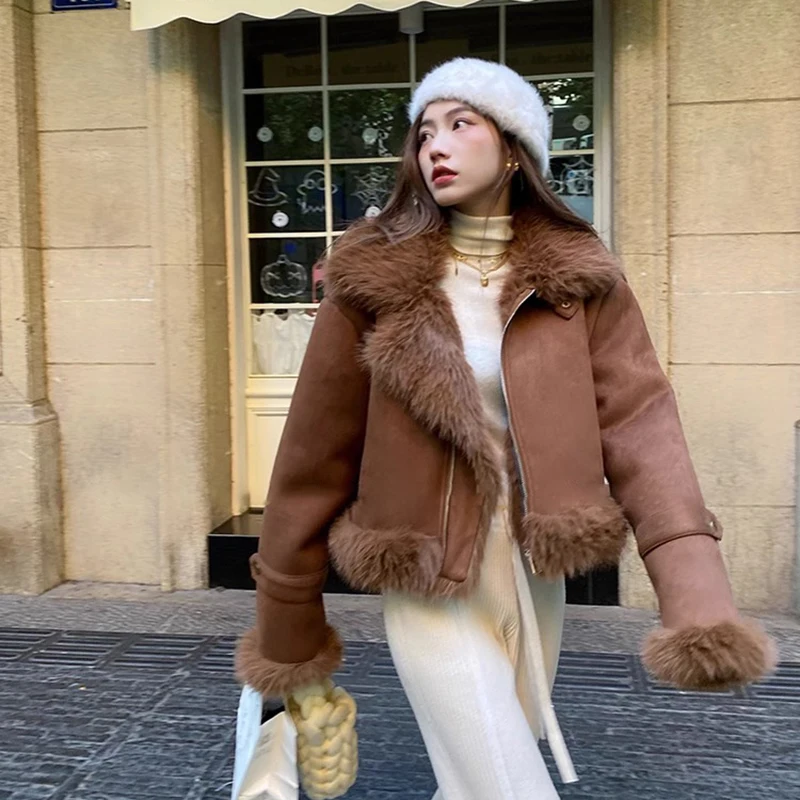 

Women Winter Vintage Coats Fashion High Street Faux Deerskin Lapel Jacket Short Motorcycle Biker Thickened Warm Suede Outerwear
