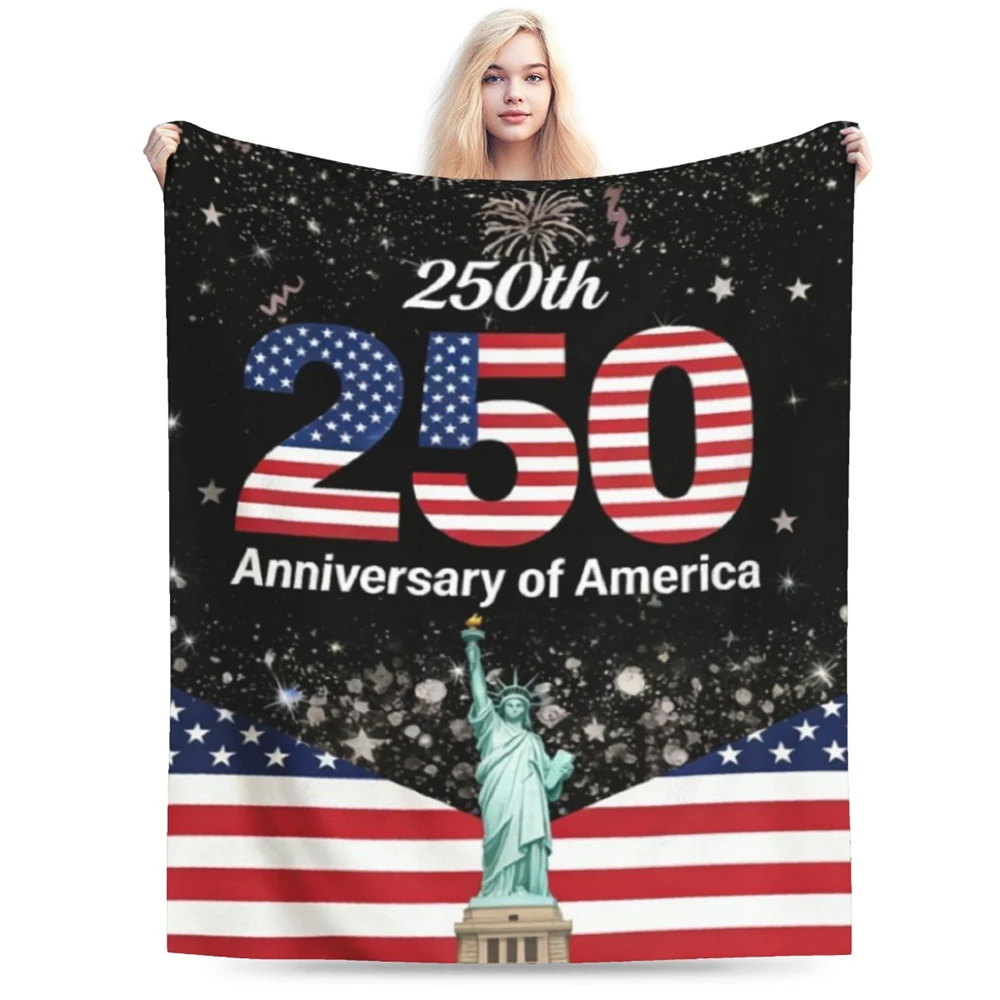 America 250th Anniversary Soft Flannel Blanket, USA Flag Statue of Liberty Throw Blanket for Home Sofa Bed
