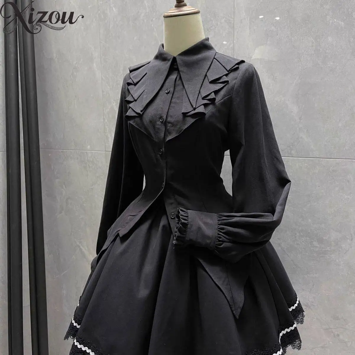 Medieval Gothic Ouji Lolita Blouse Ruffle Jabot Lapel Bandage Waist Long Sleeve Vintage Court Black Top Y2K Casual Wear 2026