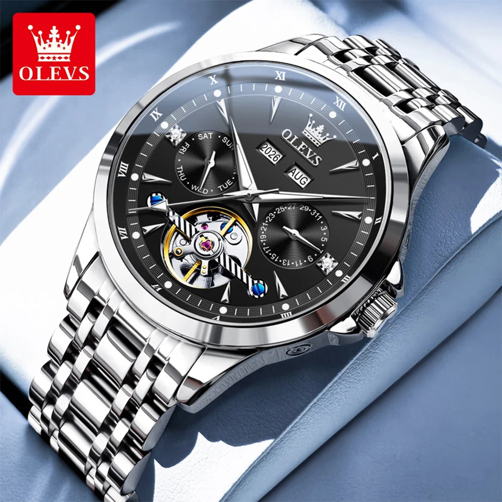 

OLEVS мужские часы повседневные деловые изысканные стальные оригинальные автоматические механические наручные часы с автоподзаводом маховик календарь