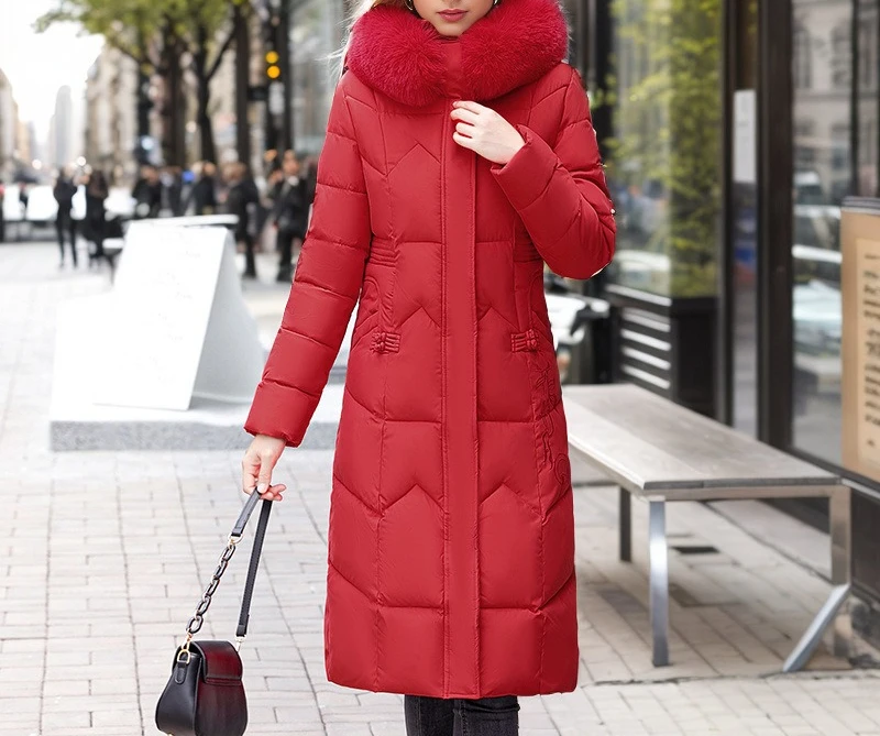 2025 Winter New Fashionable Cotton Clothing Women's Long Style Waist Over Knee Thickened Big Wool Collar Coat