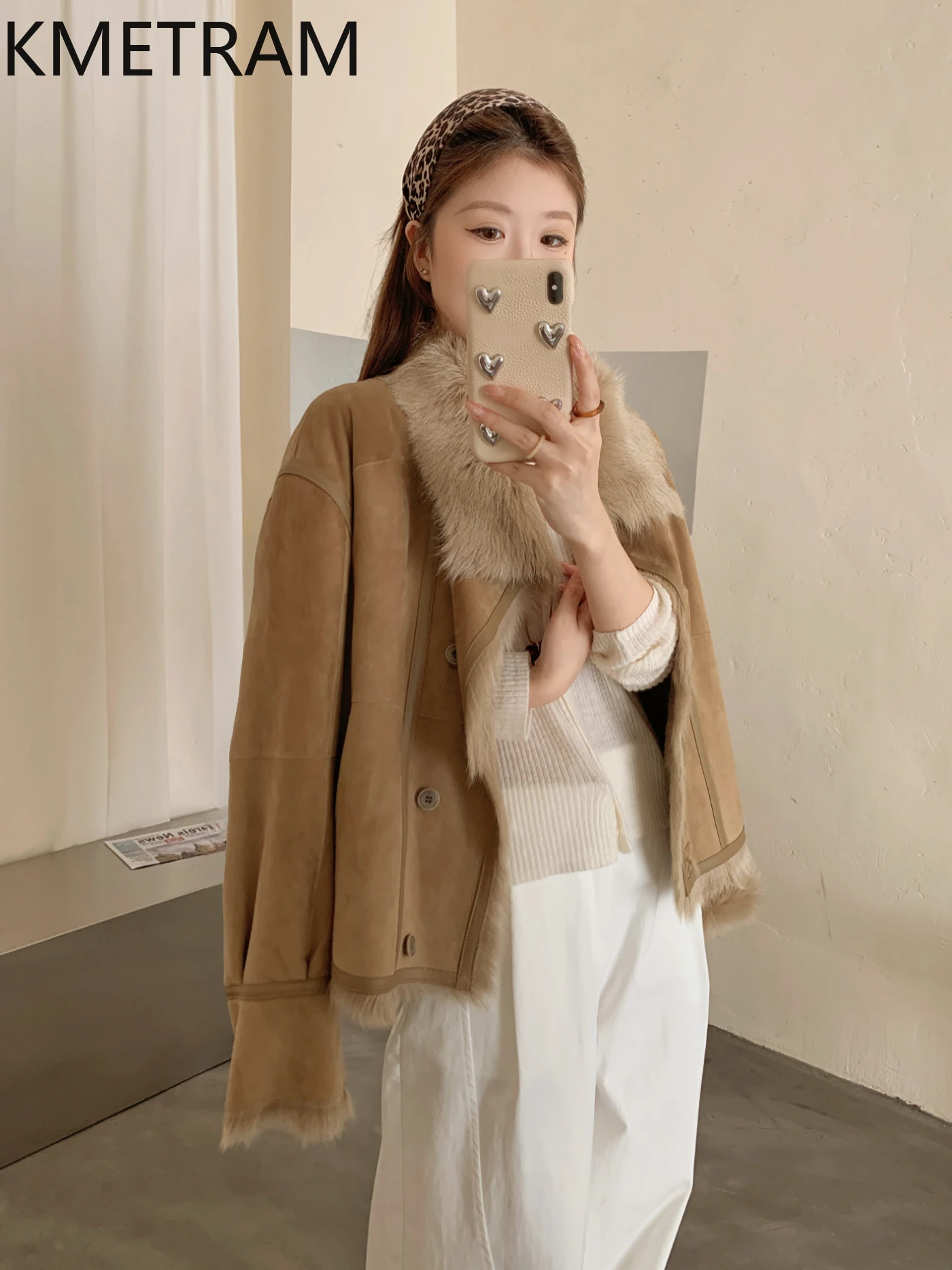 KMETRAM Naturalny płaszcz z naturalnej skóry koziej i owczej z wełną, luksusowy krótki płaszcz podróżny dla kobiet, zimowy 2025, fourrures femmes