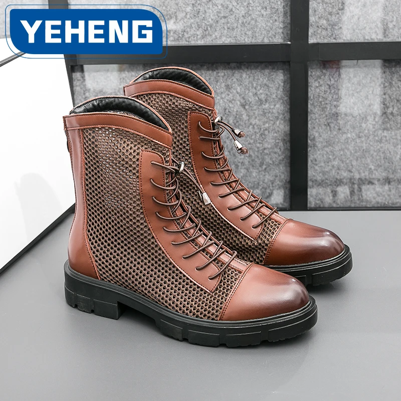 Summer Men's leather boots Designer Thick Sole Mesh Hollow Out Outdoor Fashionable Breathable Motorcycle High Bond Leather Shoes