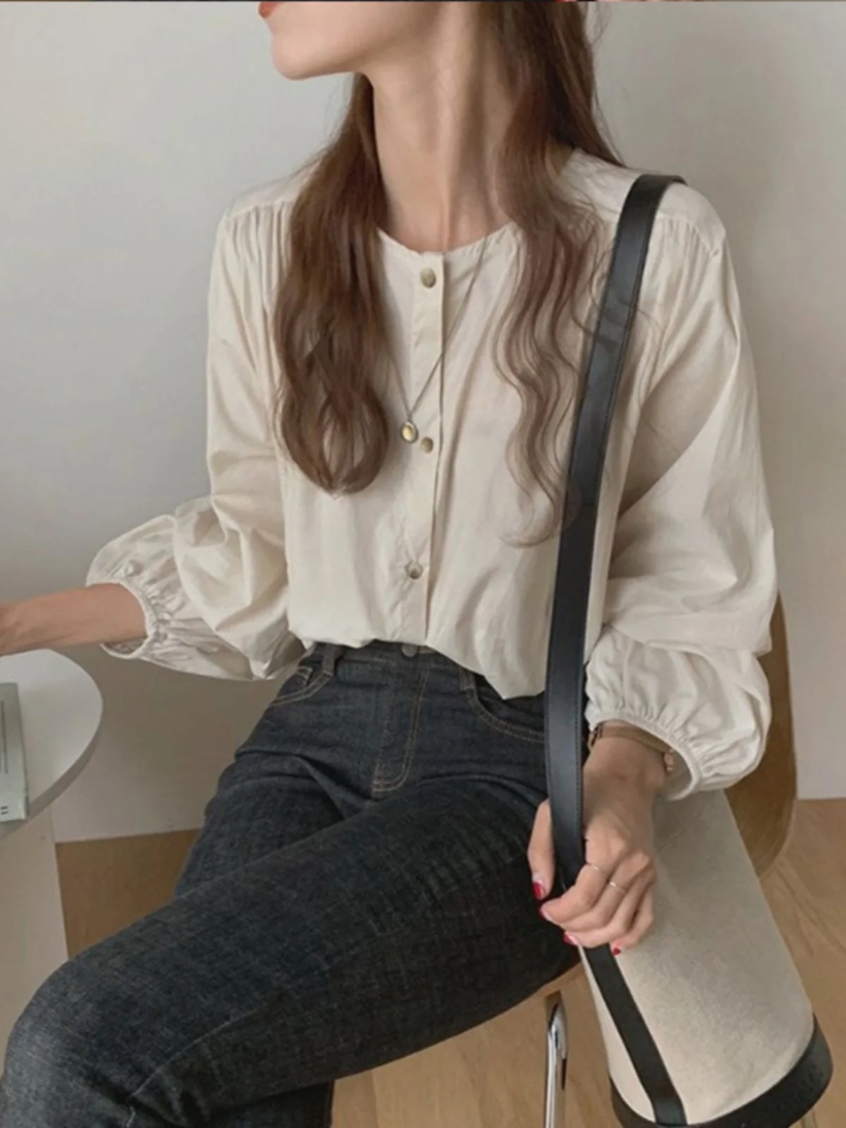 

Шикарный корейский женский длинный све, круглый Ne Apricot irt Bubble Sve Top Light Maturi, весенне-осенний дизайн Sense