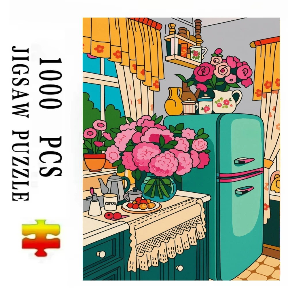 Retro Kitchen Flowers Fridge Still Life Jigsaw Puzzles 500/1000/1200/2000 PCS Wall Decor for Living Room Bedroom Gift No Frame