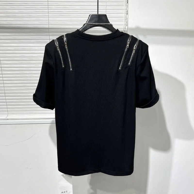 Japanese Original Dark Style Personality Zipper Slit Round Neck Short Sleeve Handsome Loose Casual Men Fashion Workwear T-Shirt