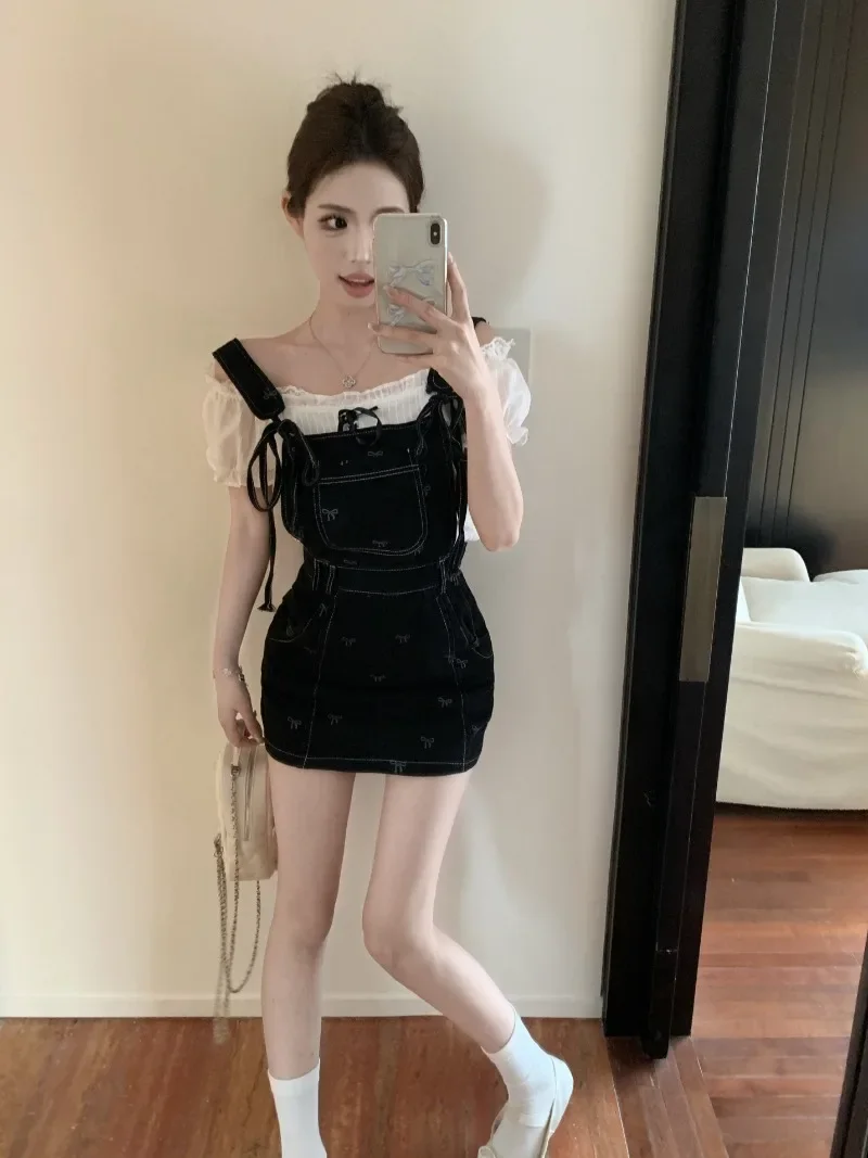

Sweet Hot Girl Retro Suit Women's Summer Denim Strap Short Dress Slash Neck Puff Sleeve Top Two-piece Set Fashion Female Clothes
