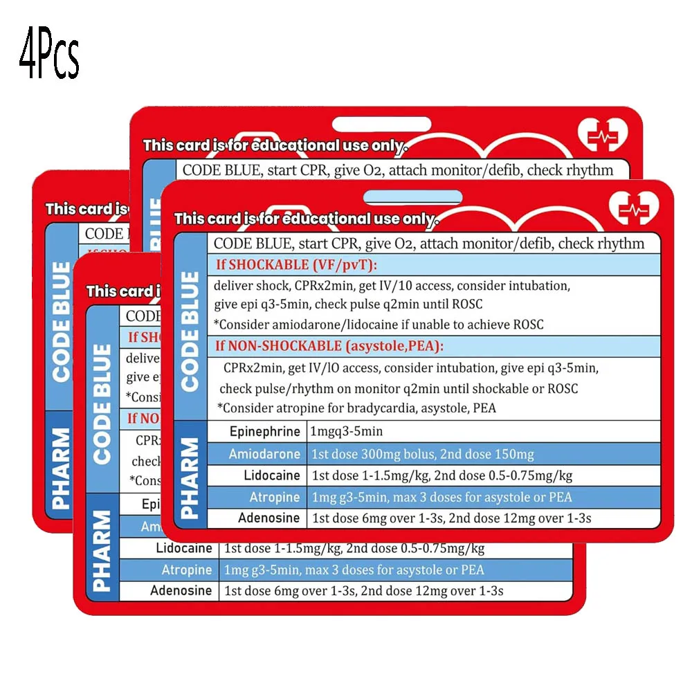 4 Pack ACLS Reference Card Heart CPR Code EMT/RN/MD Cards for Medical