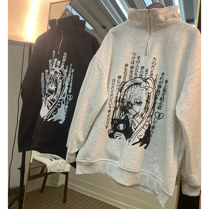 Sweat-shirt gothique à manches longues pour femmes, sweat-shirt de rue, Anime japonais, Y2K, col montant, décontracté, ample, paresseux, hip hop, printemps-automne