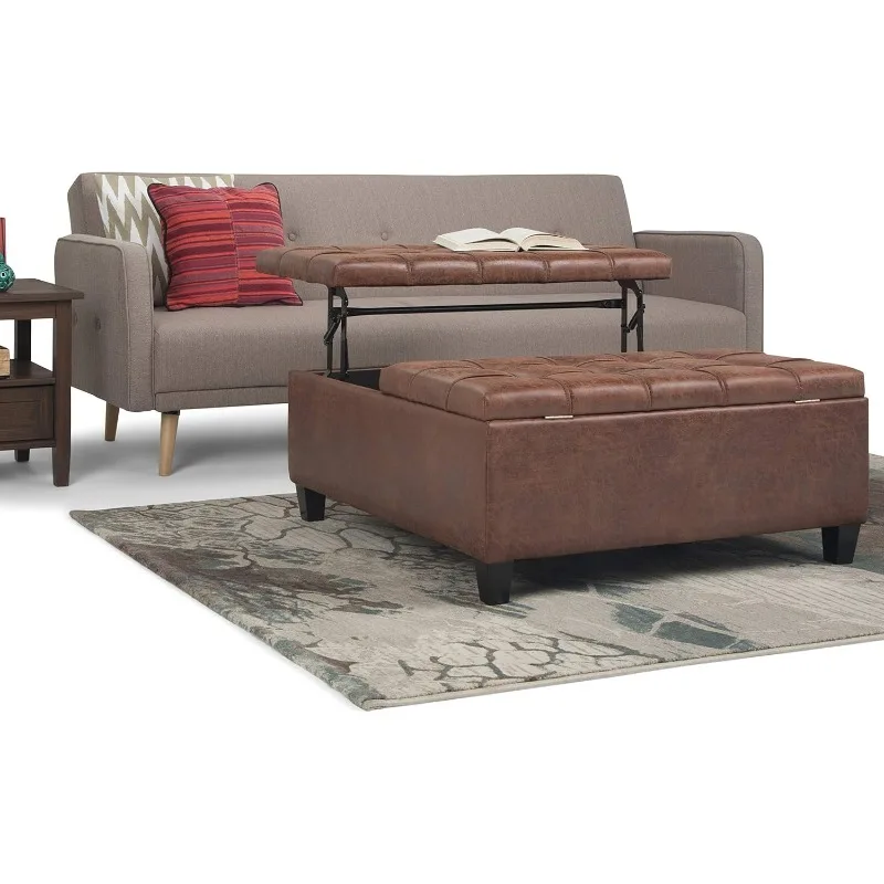 Harrison 36 inch Wide Transitional Square Coffee Table Storage Ottoman in Distressed Umber Brown Vegan Faux Leather, Assembled,